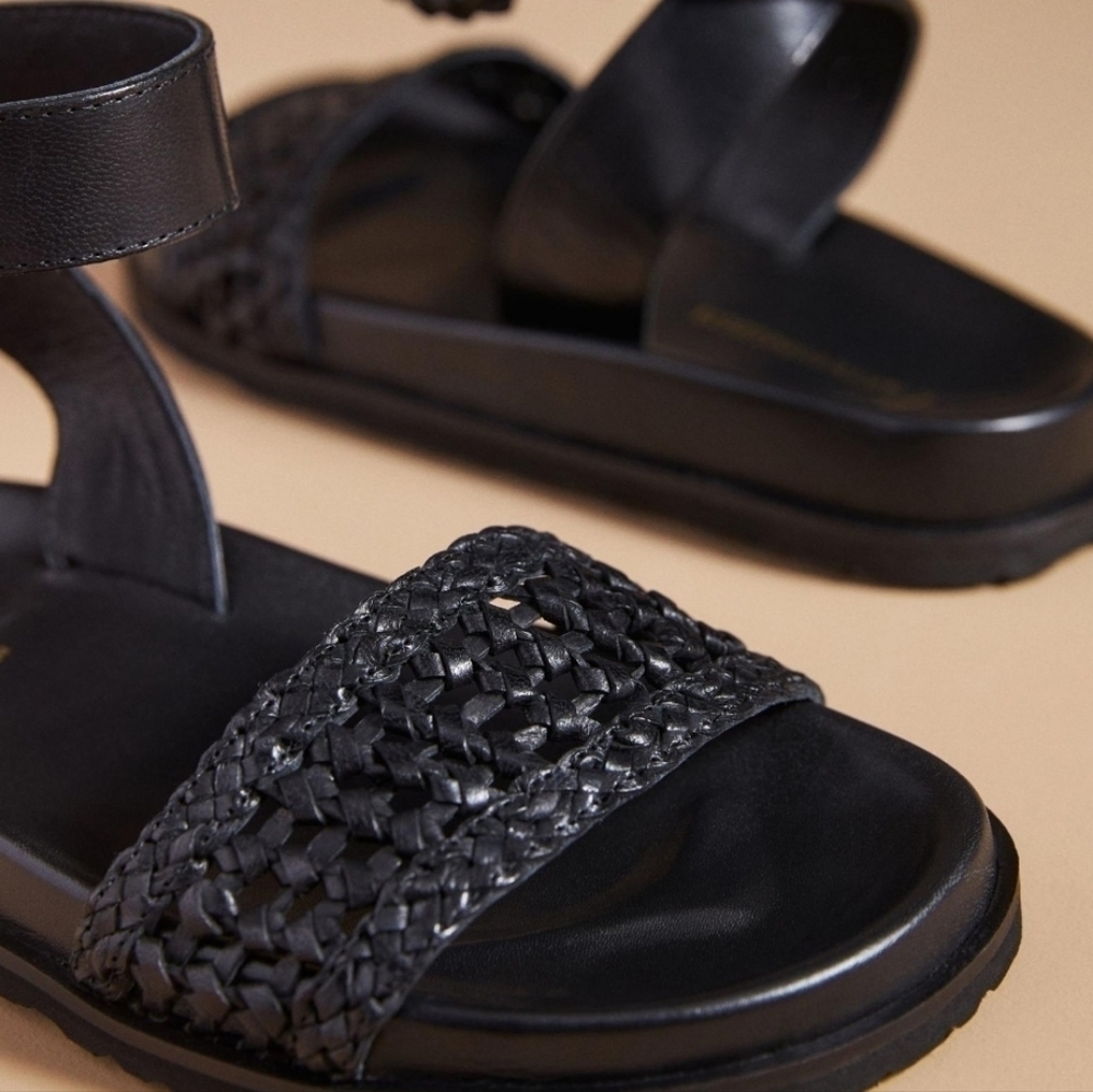By Anthropologie Black Leather Ankle Strap Woven Sandals - Picture 3 of 9